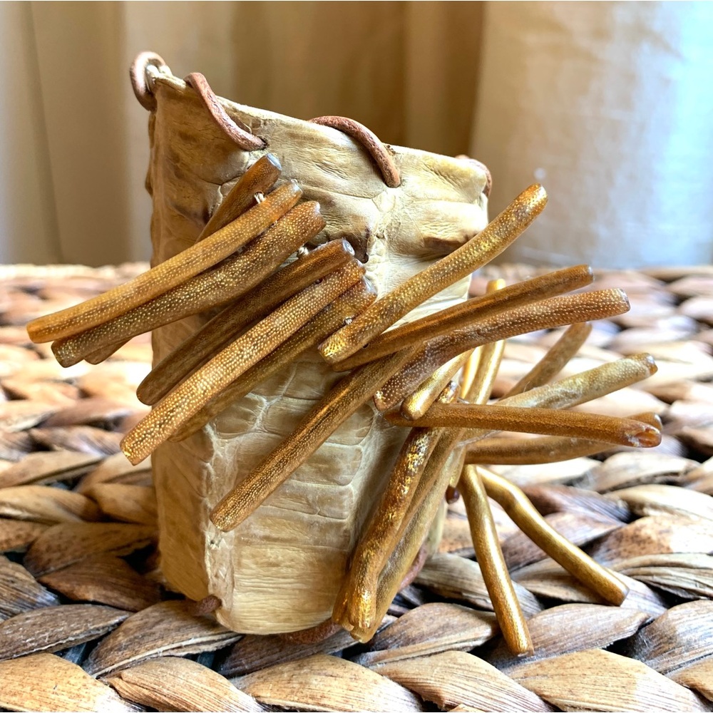 Sweet Olive Boho Tan Crocodile & Gold Coral Cuff